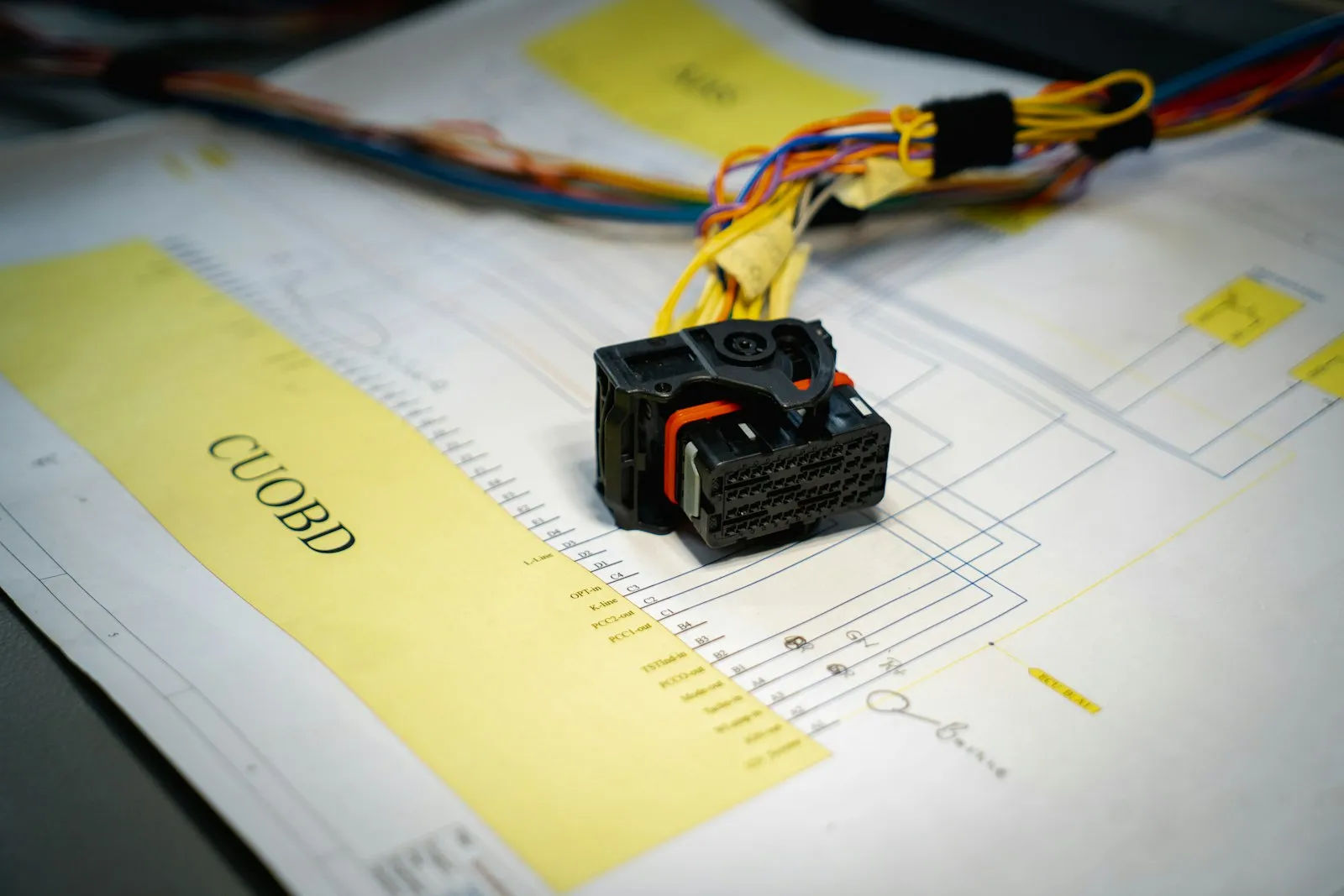 Connecteur électrique et faisceau de câbles posés sur un schéma de câblage